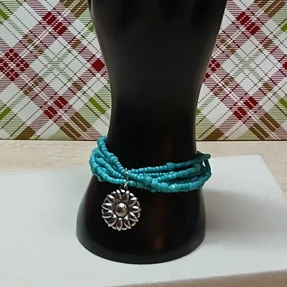 Handmade Turquoise Tone Beaded Bracelet w/ Sunflower Pendant Fashion Jewelry #48 - Picture 3 of 8